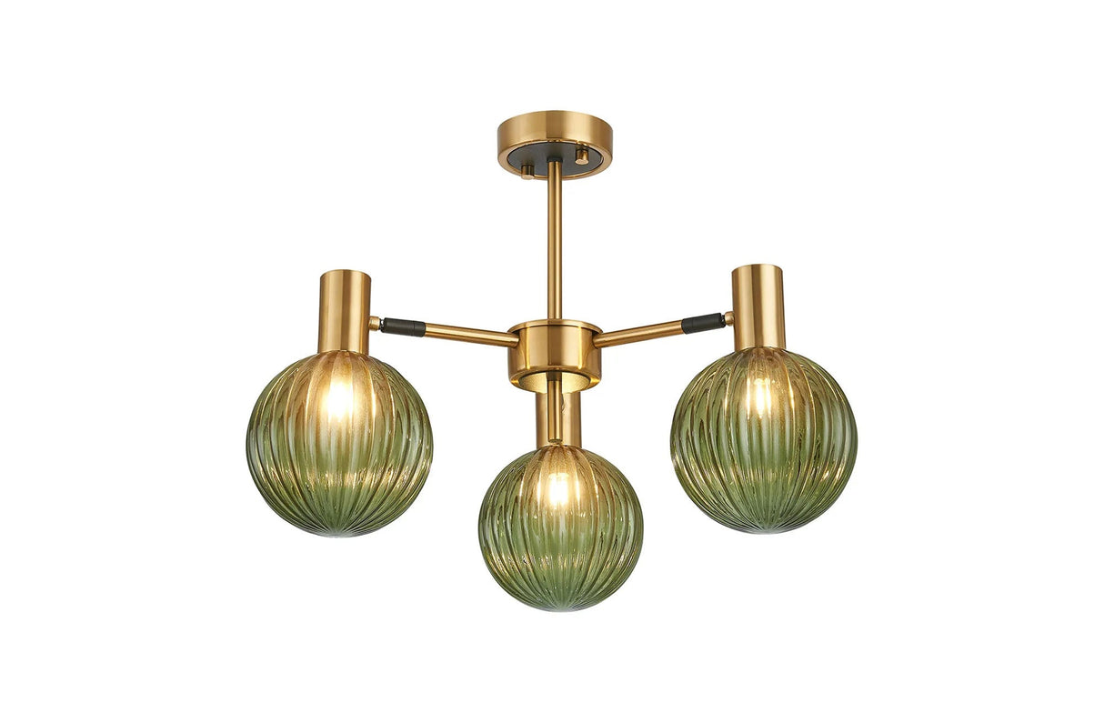 Ekwah Semi Ceiling Adjustable Arms, 3 Light G9, Brass/Black/Moss Green Glass Shade