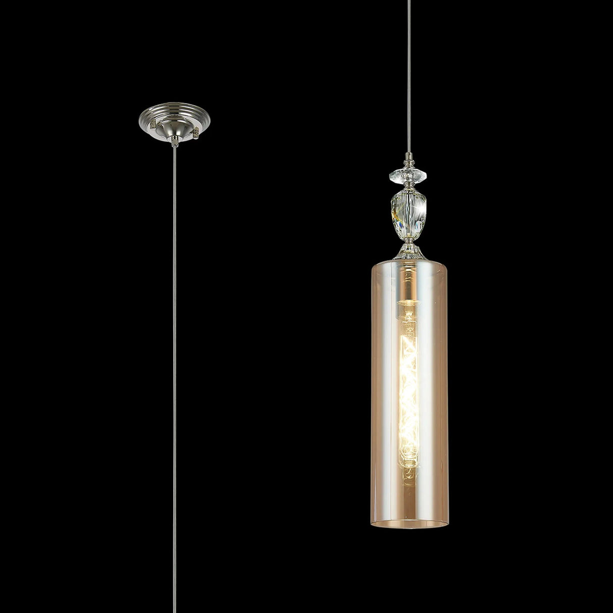 Embieton Crystal Pendant, 1 Light E27, Polished Nickel/Clear Crystal/Amber Plated 12x40cm Glass Shade