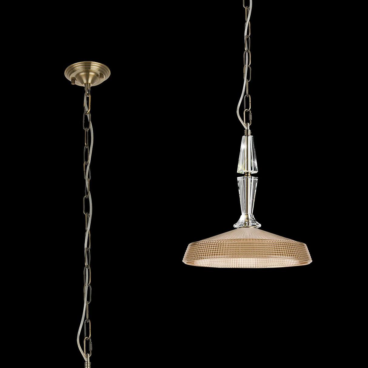 Embieton Crystal Pendant, 1 Light E27, Antique Brass/Clear Crystal/Amber 31cm Glass Shade