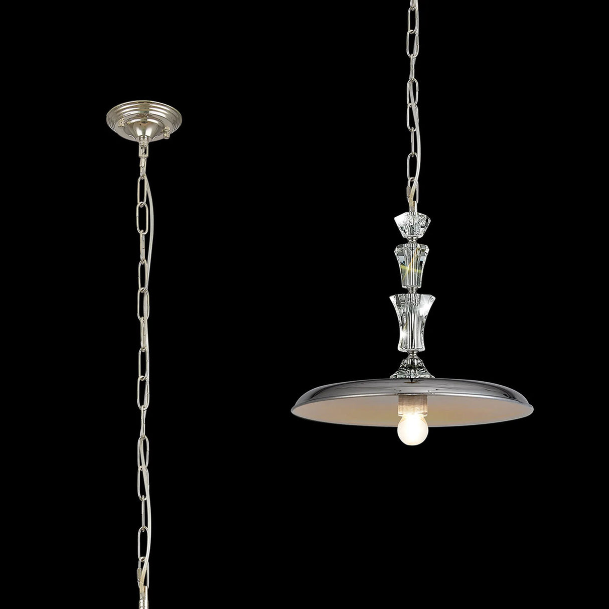Embieton Crystal Pendant, 1 Light E27, Polished Nickel/Clear Crystal/Chrome 35cm Flat Metal Shade