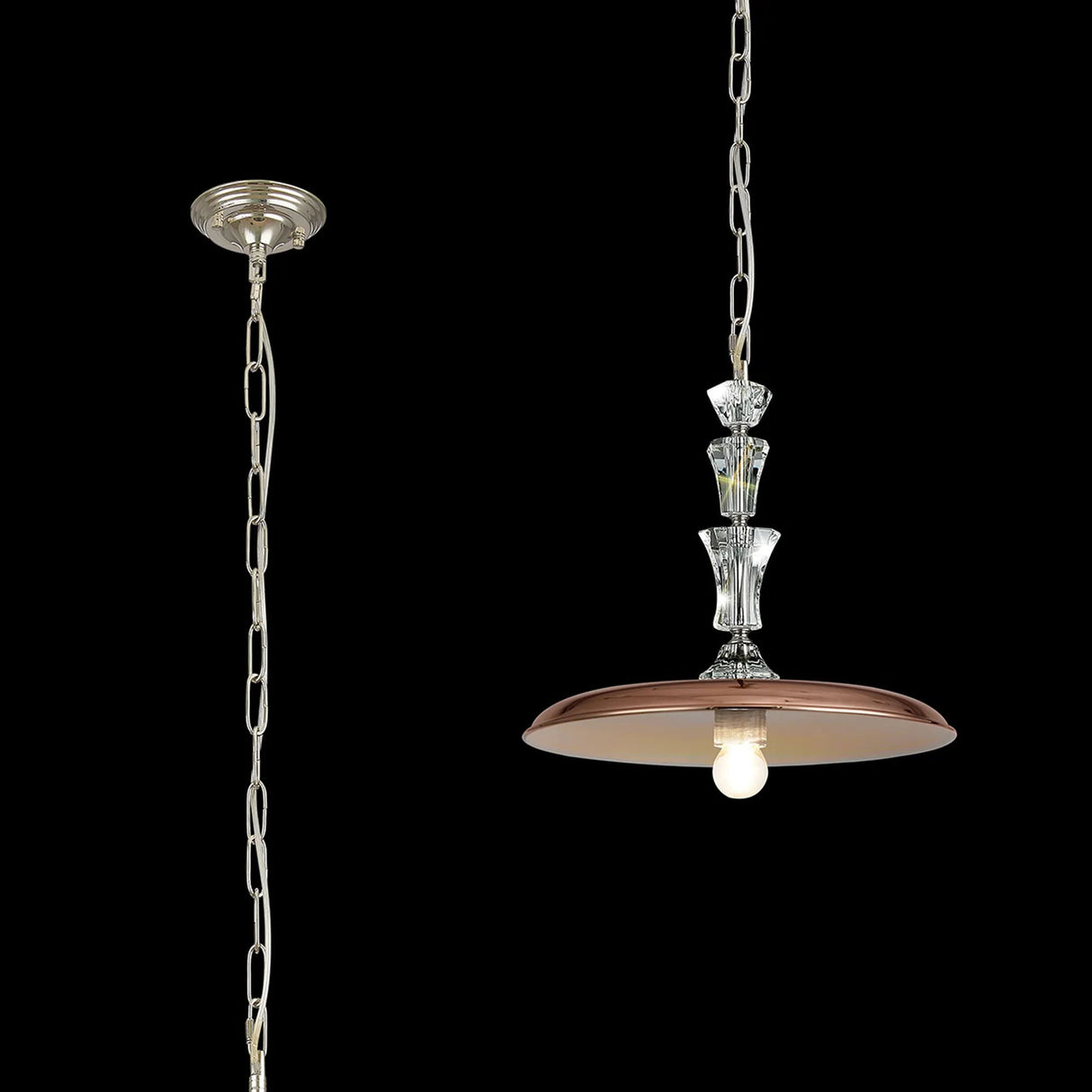 Embieton Crystal Pendant, 1 Light E27, Polished Nickel/Clear Crystal/Rose Gold 35cm Flat Metal Shade