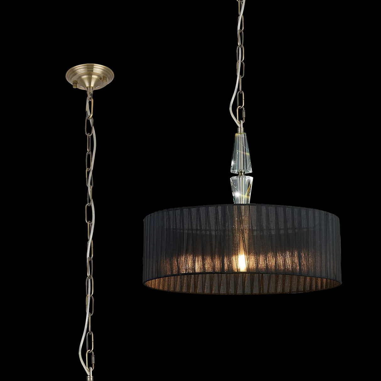 Embieton Crystal Pendant, 1 Light E27, Antique Brass/Clear Crystal/Black 45x15cm Round Shade