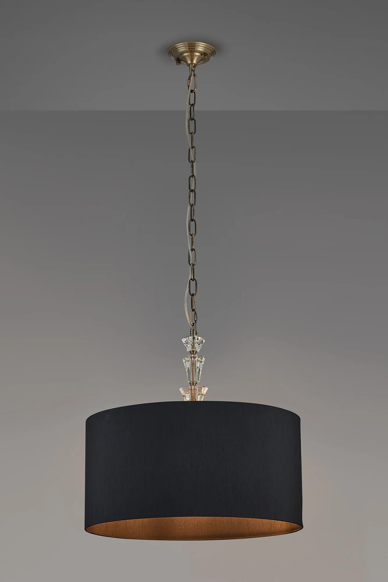 Embieton 2m Crystal Pendant, 1 Light E27, Antique Brass/Clear Crystal/Black 50x25cm Faux Silk Shade