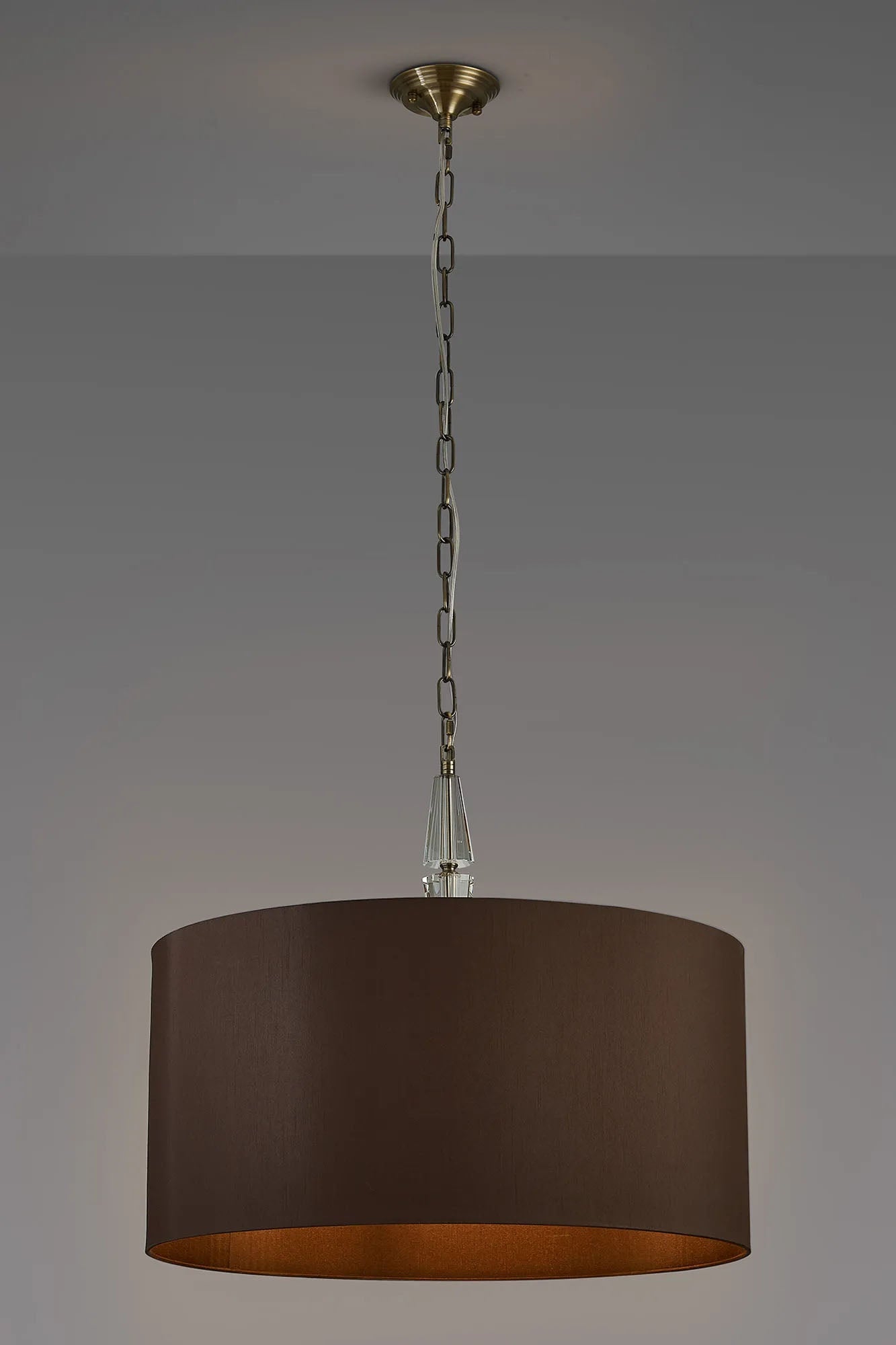 Embieton 2m Crystal Pendant, 1 Light E27, Antique Brass/Clear Crystal/Chocolate 60x30cm Faux Silk Shade