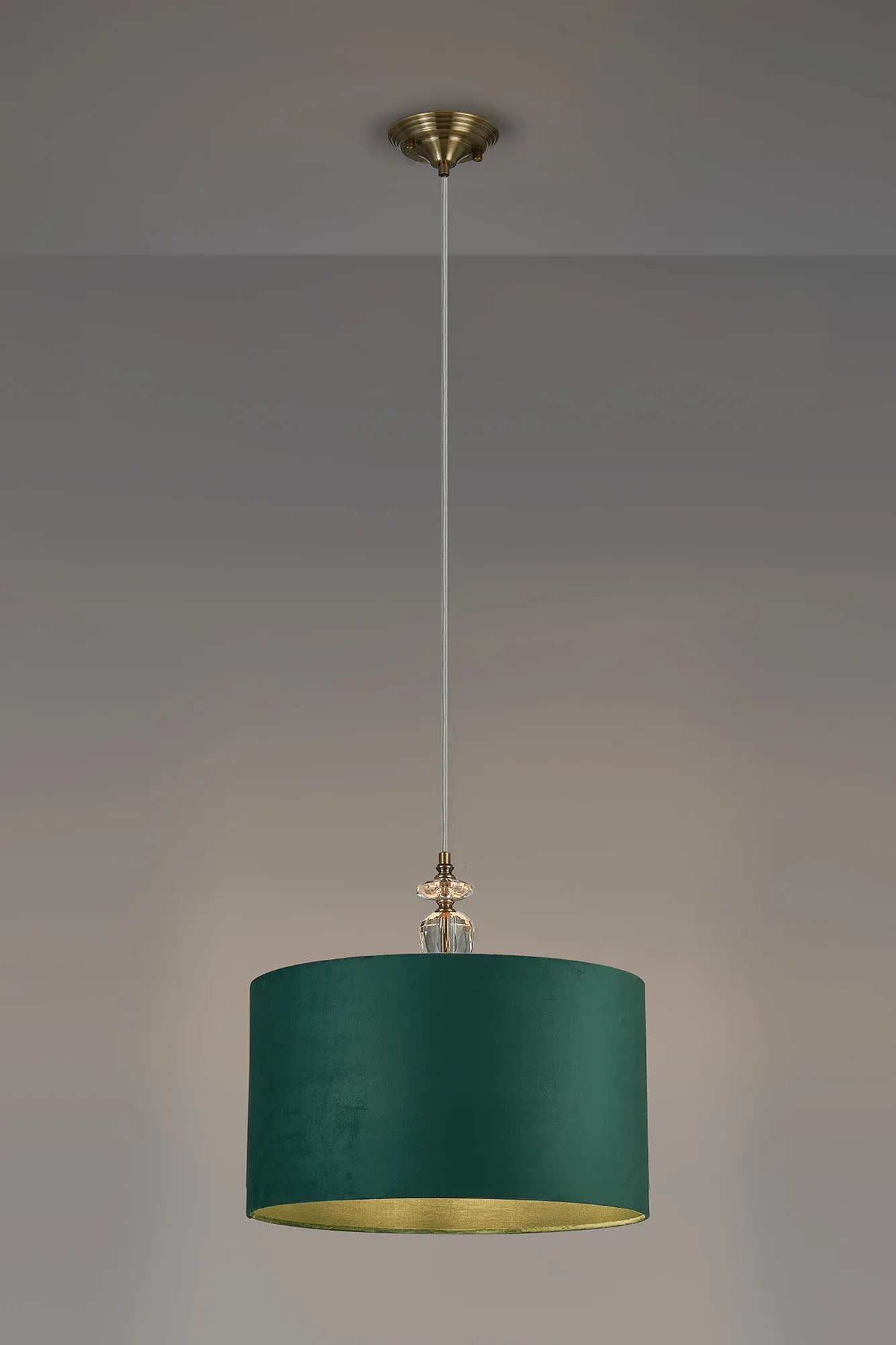 Embieton 1.9m Crystal Pendant, 1 Light E27, Antique Brass/Clear Crystal/Forest Green 40x22cm Velvet Shade