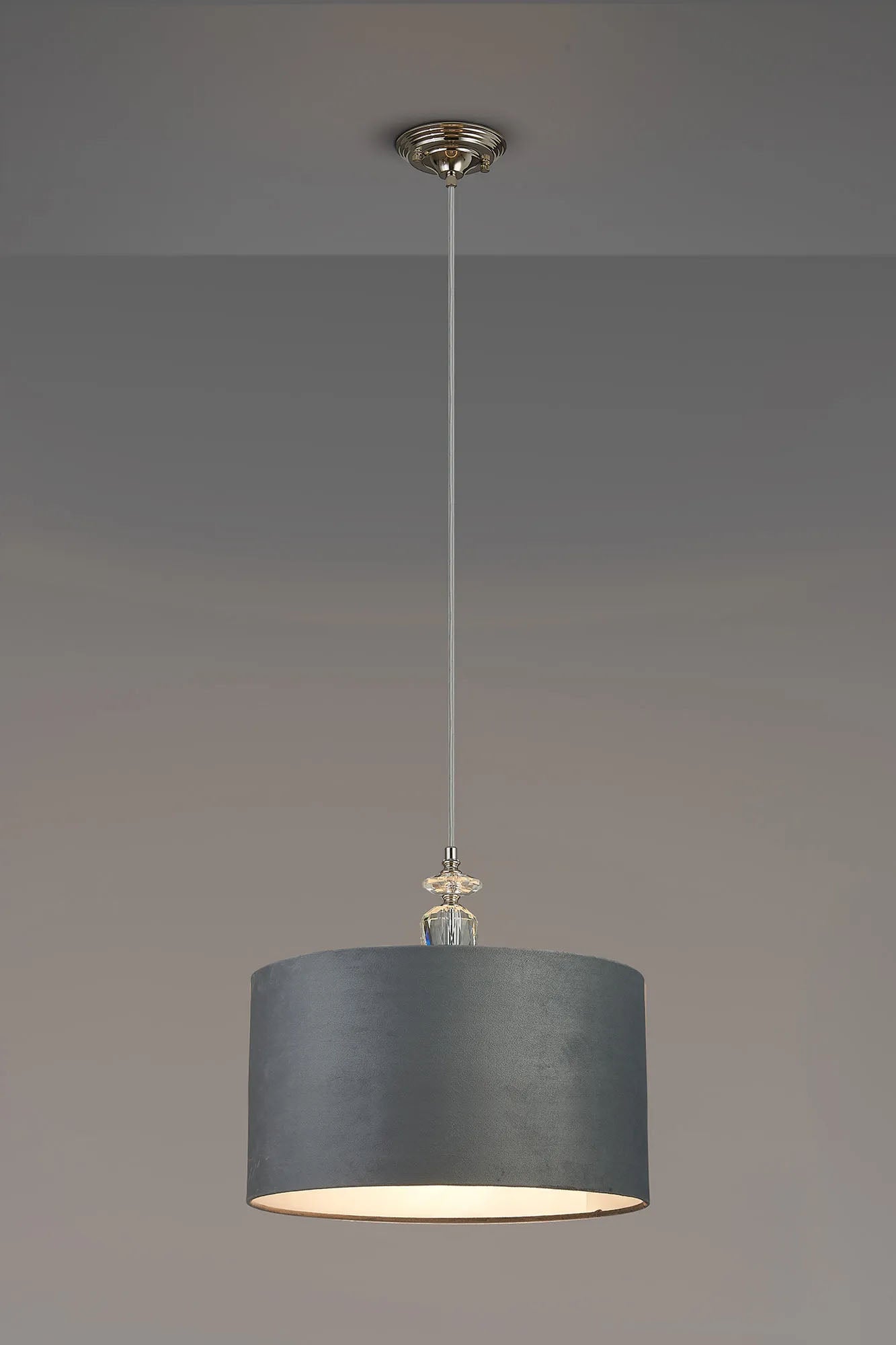 Embieton 1.9m Crystal Pendant, 1 Light E27, Antique Brass/Clear Crystal/Dark Grey/Silver 40x22cm Velvet Shade