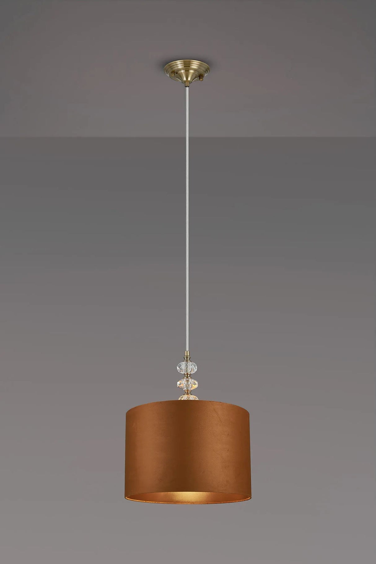 Embieton 1.9m Crystal Pendant, 1 Light E27, Antique Brass/Clear Crystal/Burnt Orange/Copper 30x20cm Velvet Shade