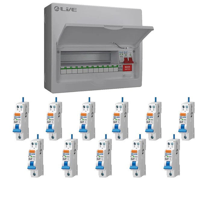 Live Electrical 14-Way Metal 100A Main Switch  DP SPD Loaded with 9 RCBO's Consumer Unit (11 Useable Ways) - LSMC14M-SP