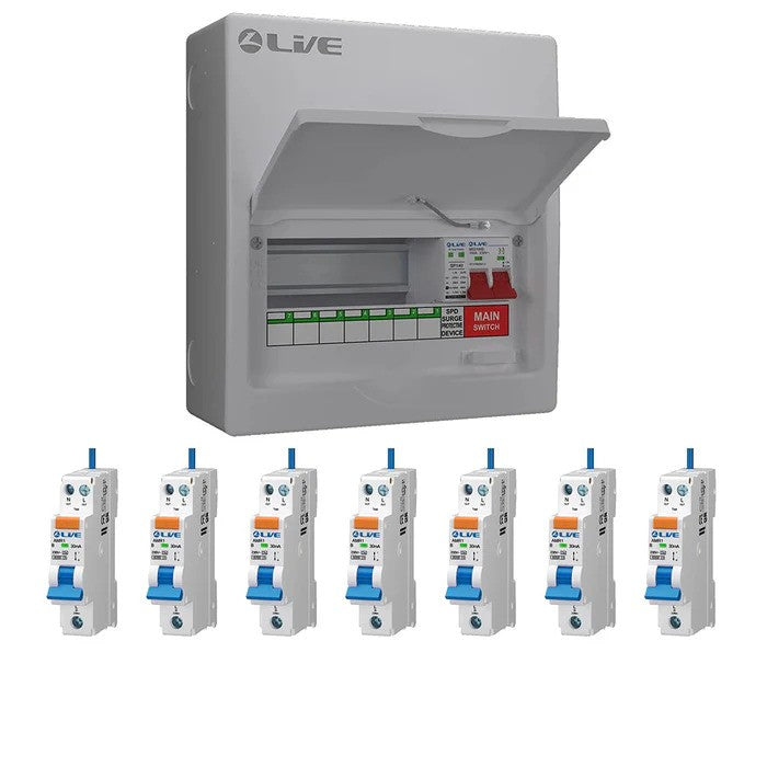 Live Electrical 10 Way 100A Main Switch DP SPD Loaded with 5 RCBO's  Consumer Unit  (7 useable ways) -  LSMC10M-SP