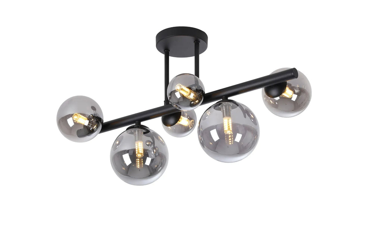 Ferguson Semi Flush Ceiling Light, 6 x G9, Satin Black, Smoke Plated Glass