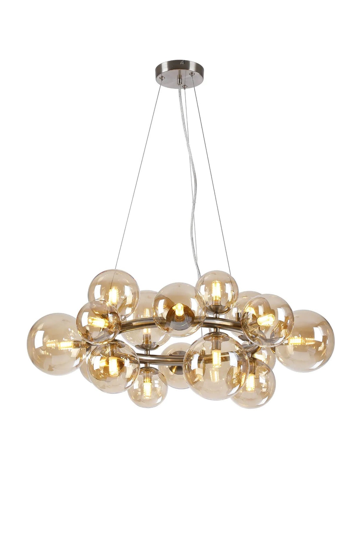 Ferguson Circular Pendant, 16 x G9, Satin Nickel, Amber Plated Glass