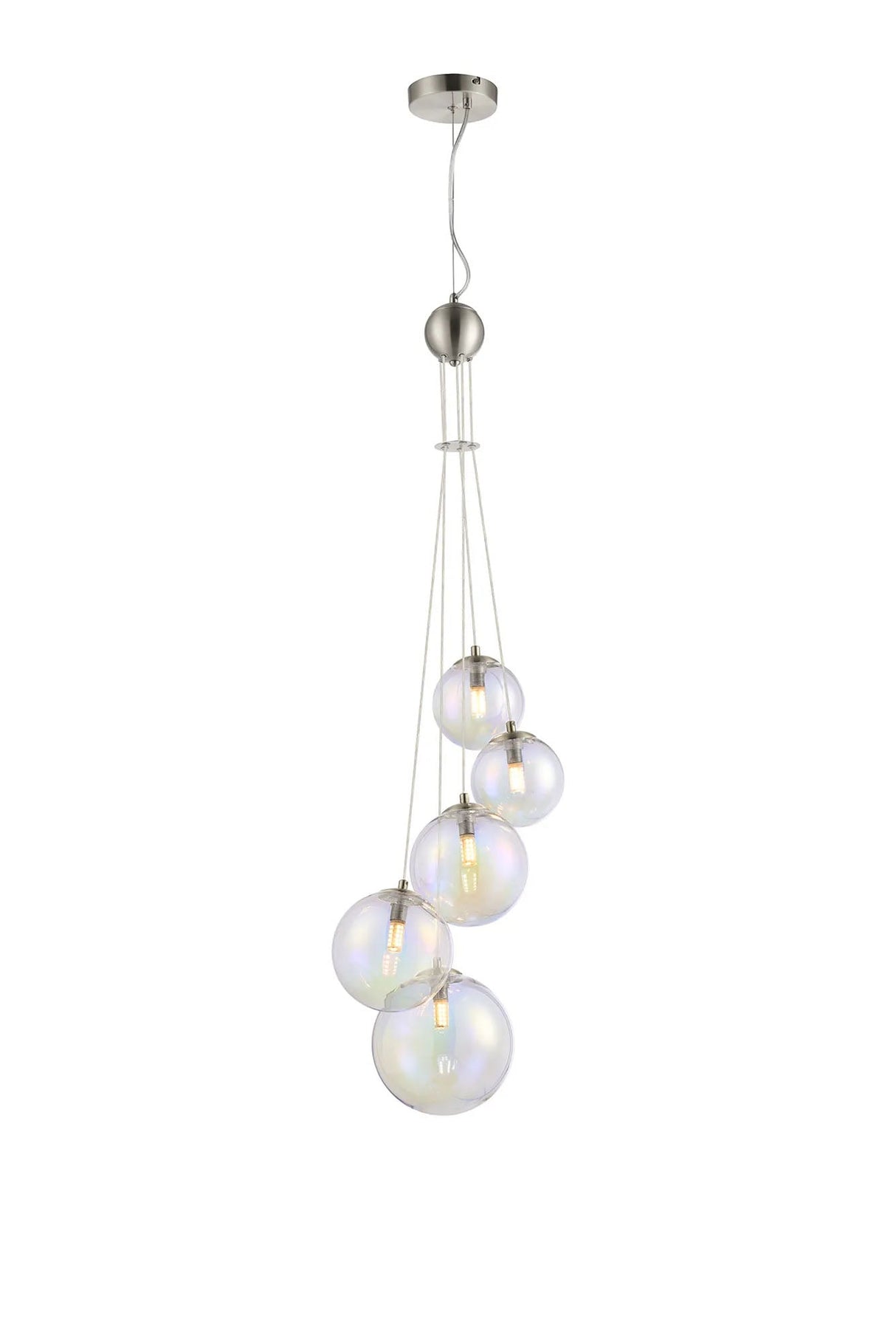 Ferguson Pendant, 5 x G9, Satin Nickel, Iridescent Plated Glass