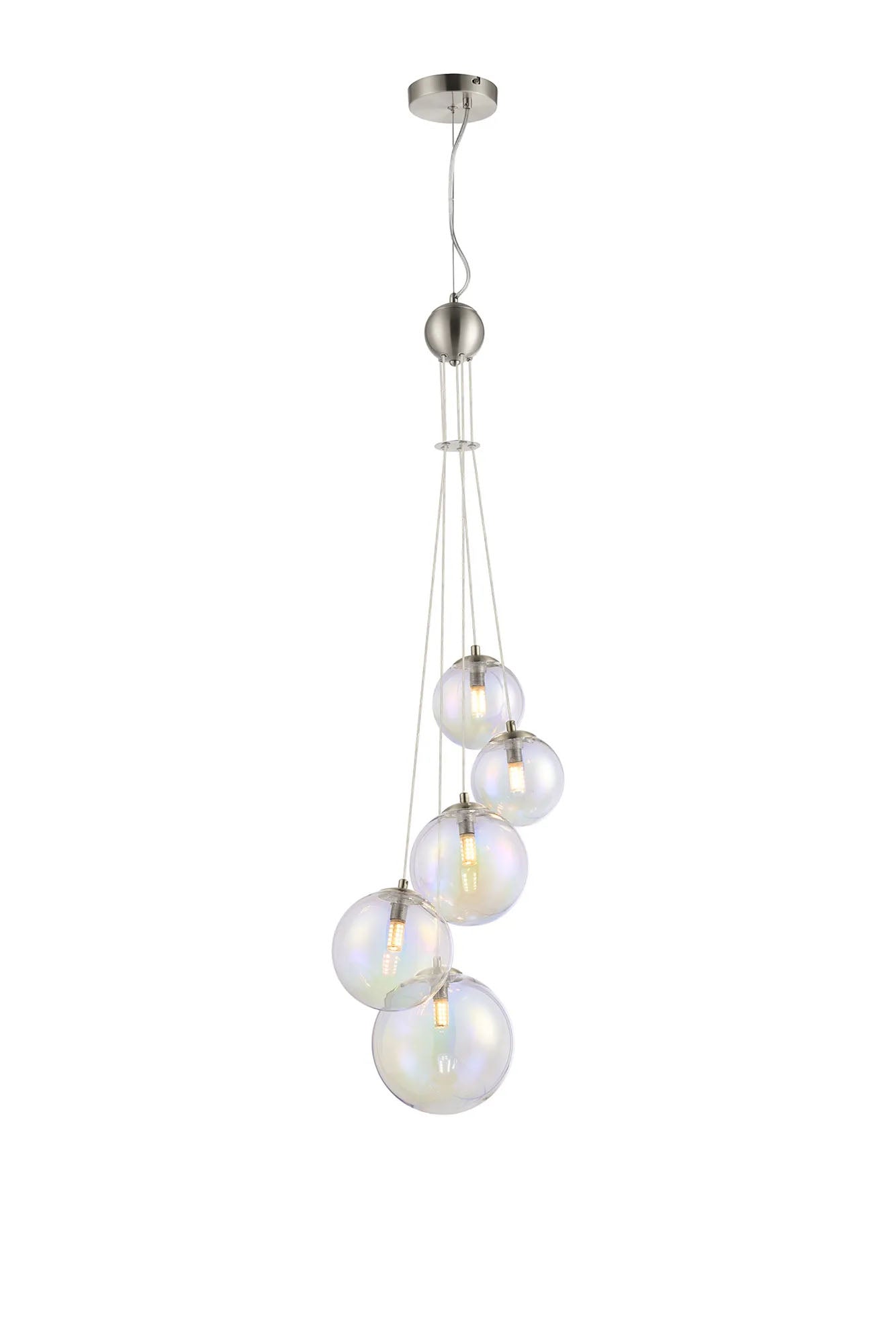 Ferguson Pendant, 5 x G9, Satin Nickel, Iridescent Plated Glass