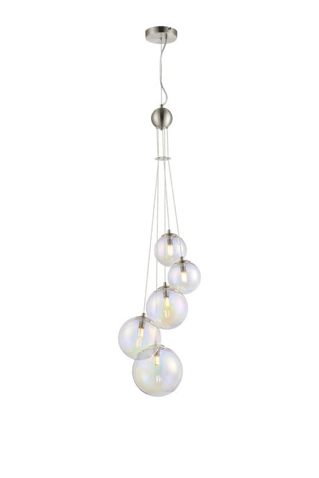 Ferguson Pendant, 5 x G9, Satin Nickel, Iridescent Plated Glass