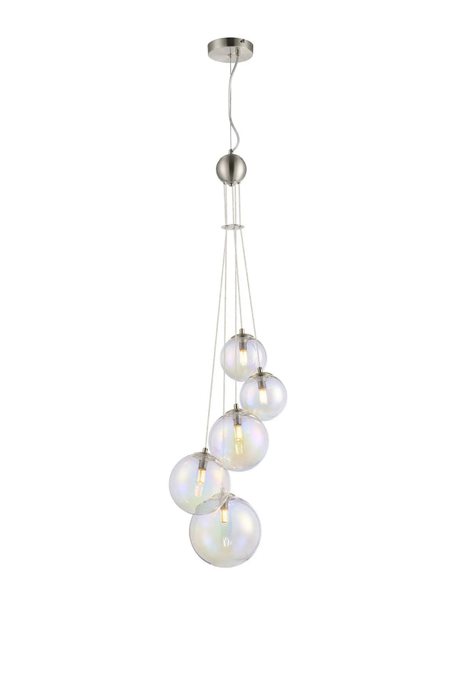 Ferguson Pendant, 5 x G9, Satin Nickel, Iridescent Plated Glass