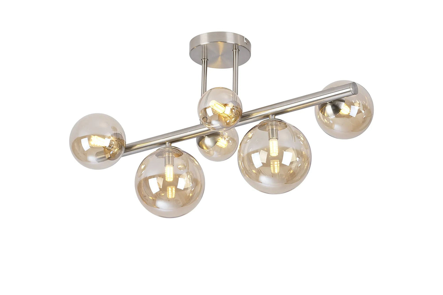 Ferguson Semi Flush Ceiling Light, 6 x G9, Satin Nickel, Amber Plated Glass