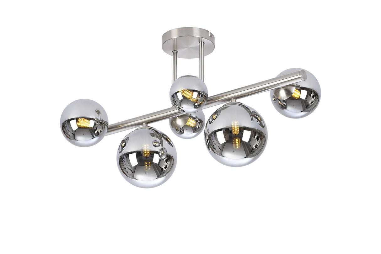 Ferguson Semi Flush Ceiling Light, 6 x G9, Satin Nickel, Chrome Plated Glass
