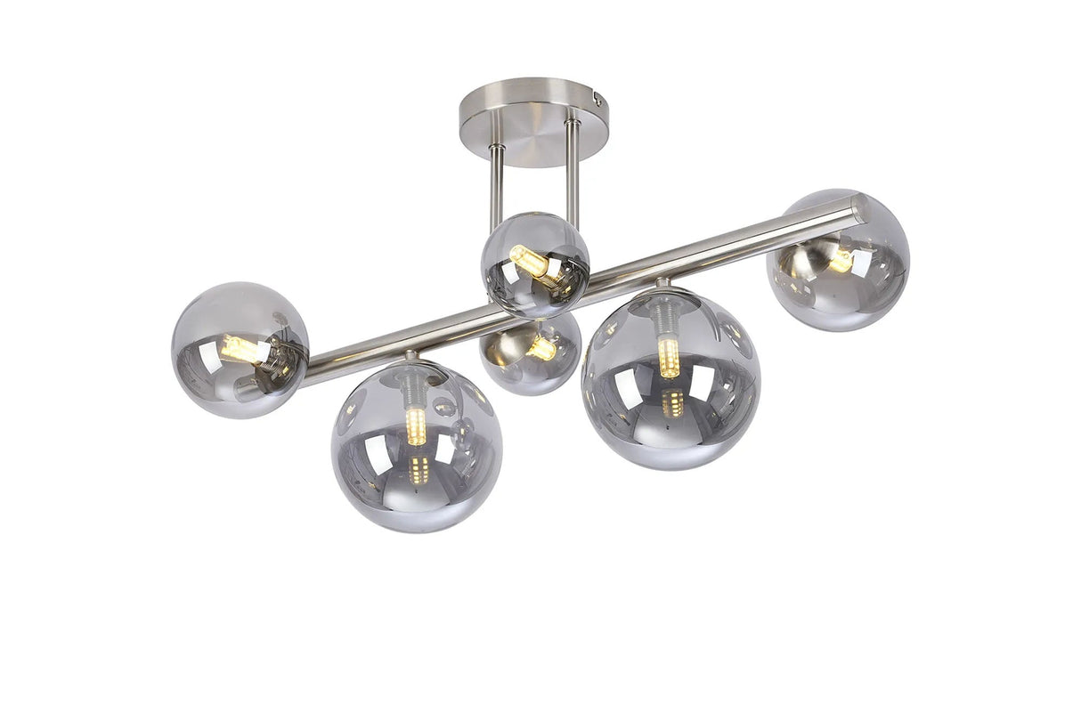 Ferguson Semi Flush Ceiling Light, 6 x G9, Satin Nickel, Smoke Plated Glass