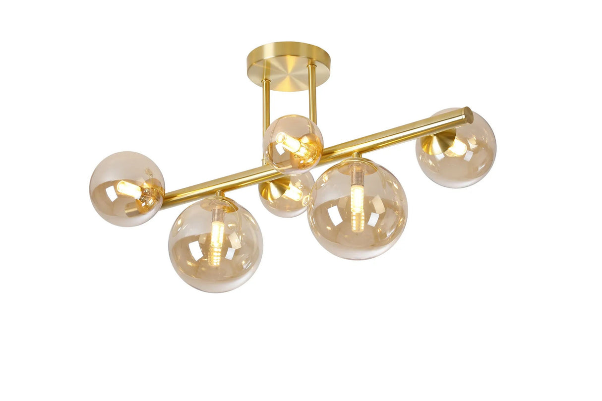Ferguson Semi Flush Ceiling Light, 6 x G9, Satin Gold, Amber Plated Glass
