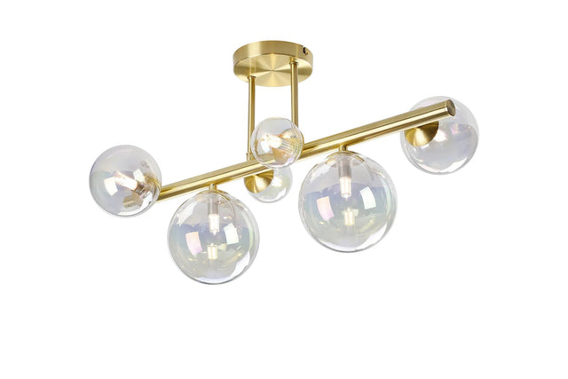 Ferguson Semi Flush Ceiling Light, 6 x G9, Satin Gold, Iridescent Plated Glass