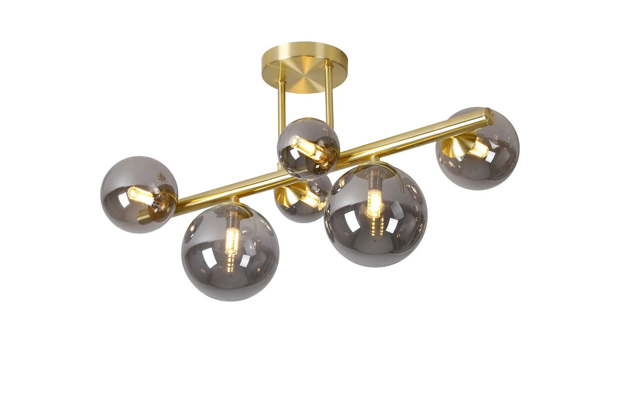 Ferguson Semi Flush Ceiling Light, 6 x G9, Satin Gold, Smoke Plated Glass