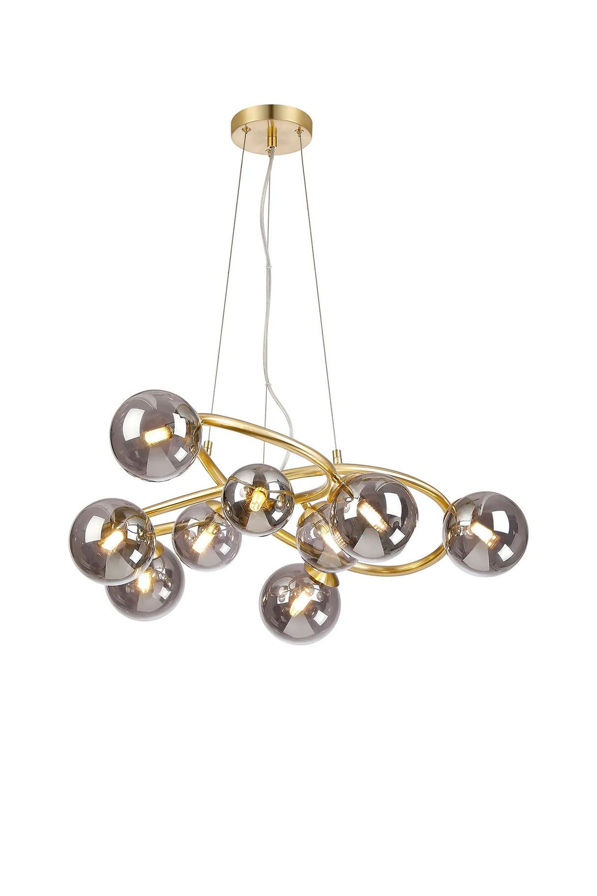 Ferguson Twisted Pendant, 9 x G9, Satin Gold, Smoke Plated Glass