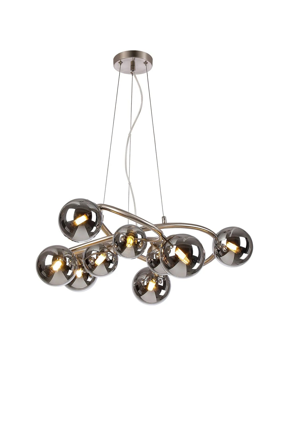 Ferguson Twisted Pendant, 9 x G9, Satin Nickel, Chrome Plated Glass