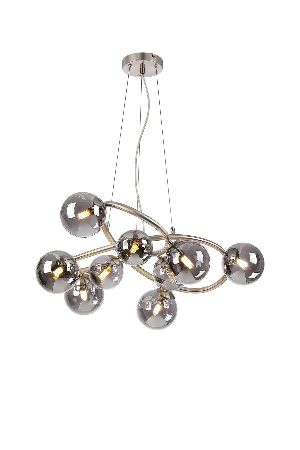 Ferguson Twisted Pendant, 9 x G9, Satin Nickel, Smoke Plated Glass