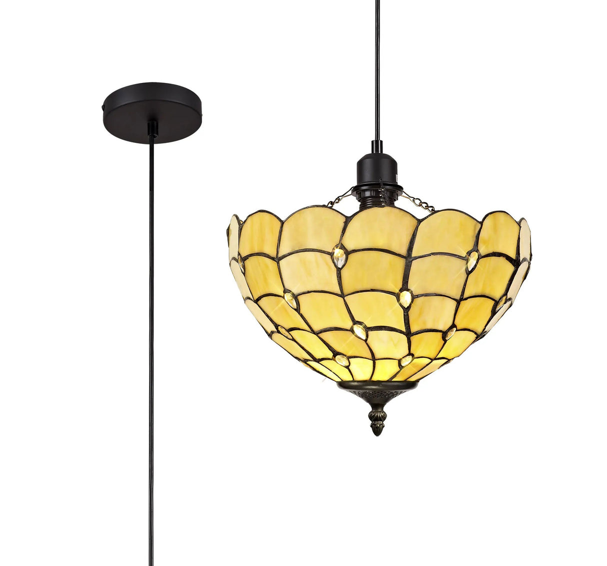 Finney 1 Light Uplighter Pendant E27 With 30cm Tiffany Shade, Beige/Clear Crystal/Black