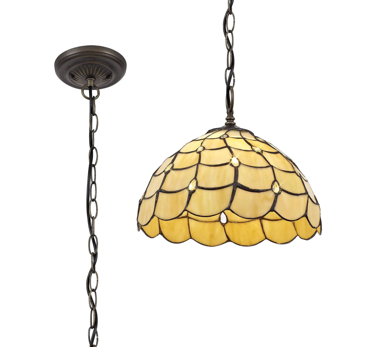 Finney 1 Light Downlighter Pendant E27 With 30cm Tiffany Shade, Beige/Clear Crystal/Aged Antique Brass