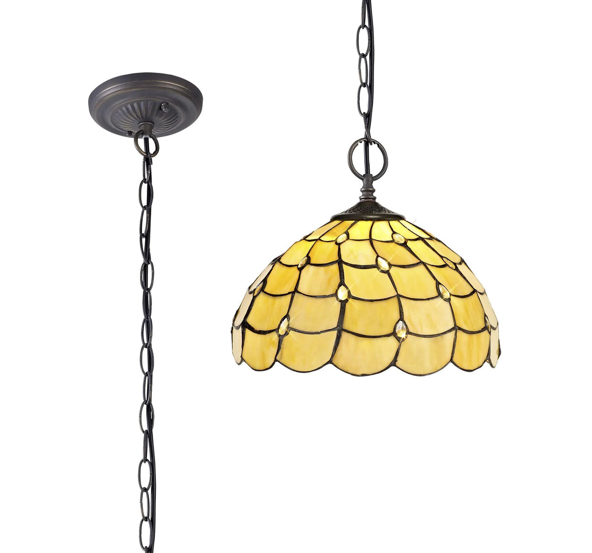 Finney 2 Light Downlighter Pendant E27 With 30cm Tiffany Shade, Beige/Clear Crystal/Aged Antique Brass