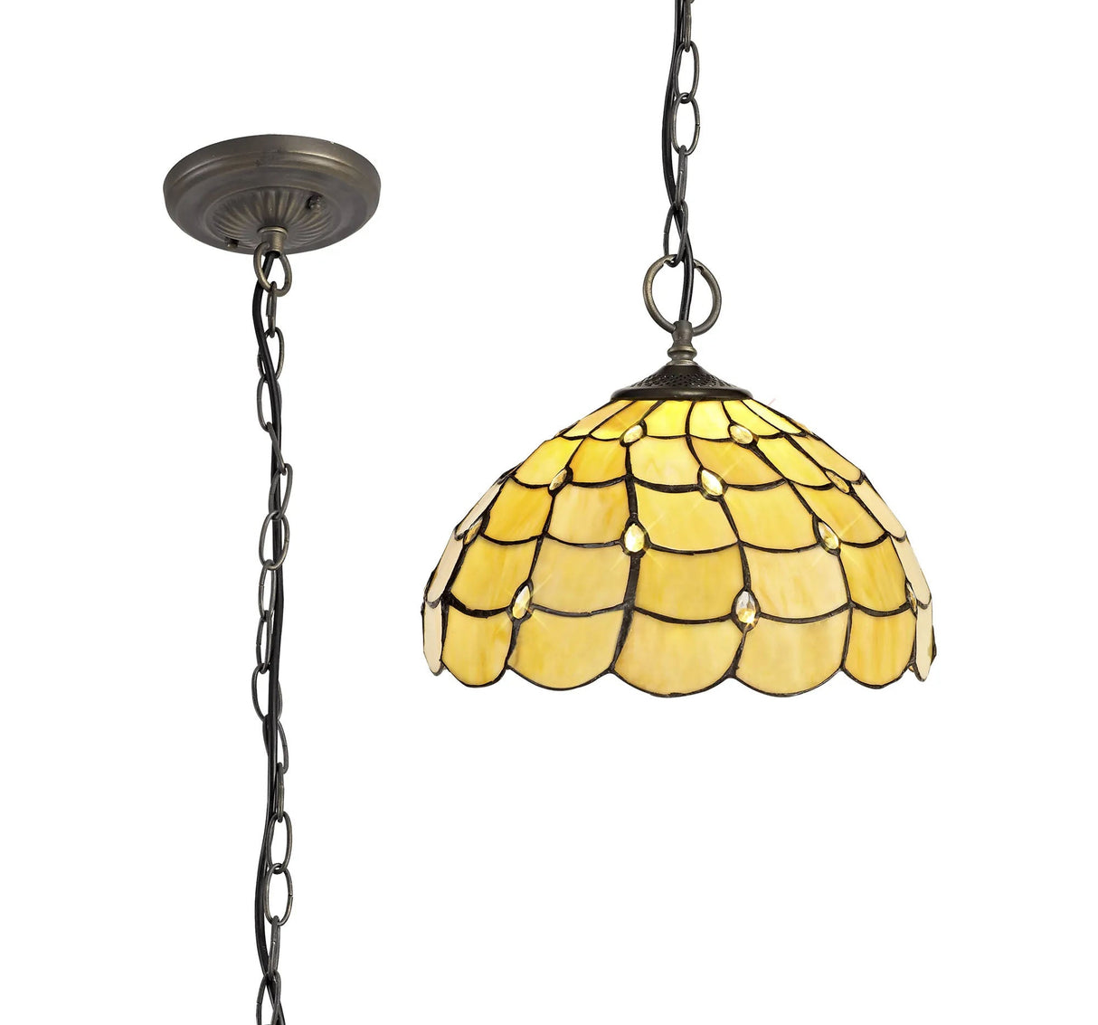 Finney 3 Light Downlighter Pendant E27 With 30cm Tiffany Shade, Beige/Clear Crystal/Aged Antique Brass