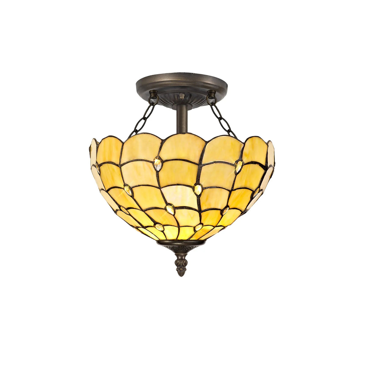 Finney 2 Light Semi Flush E27 With 30cm Tiffany Shade, Beige/Clear Crystal/Aged Antique Brass