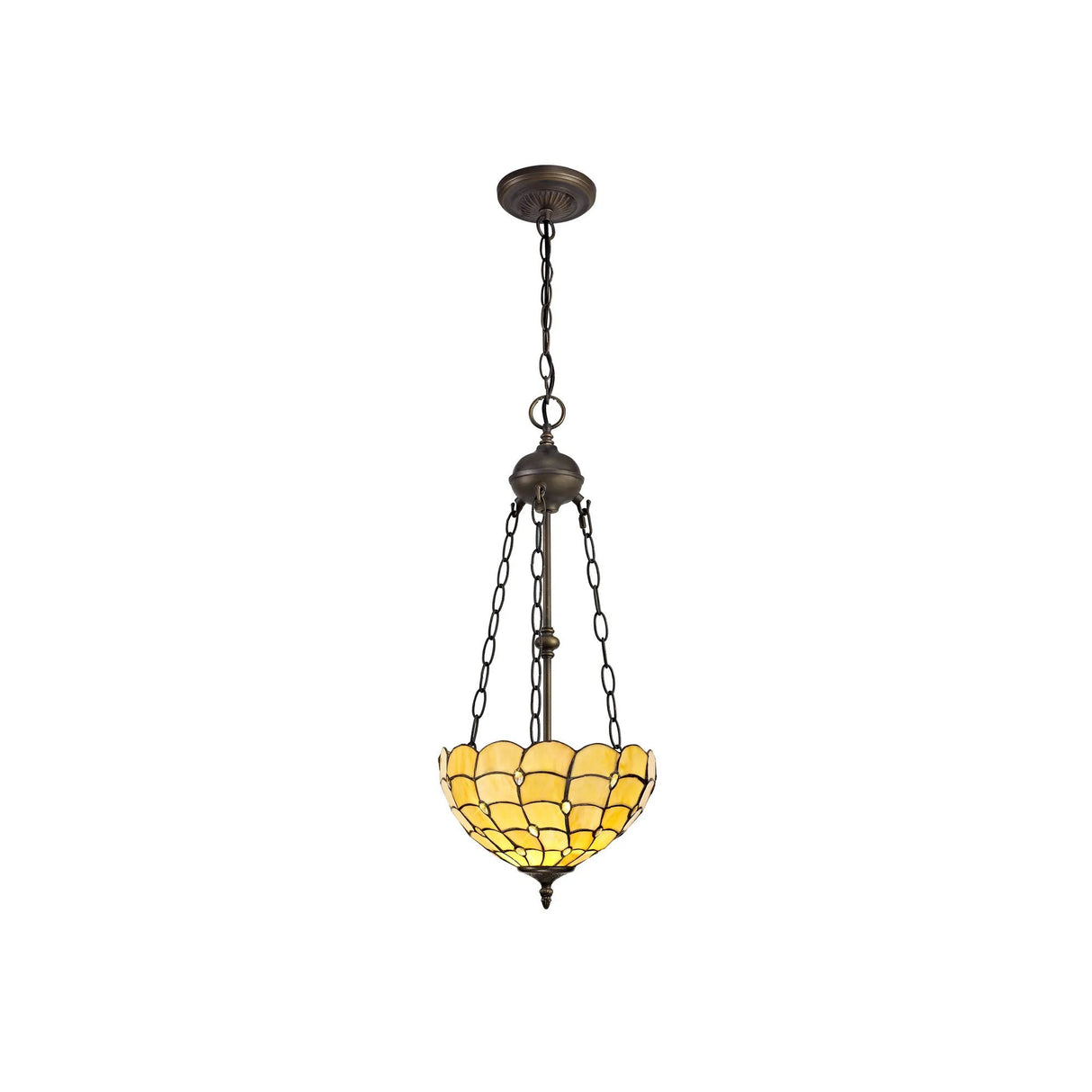 Finney 2 Light Uplighter Pendant E27 With 30cm Tiffany Shade, Beige/Clear Crystal/Aged Antique Brass