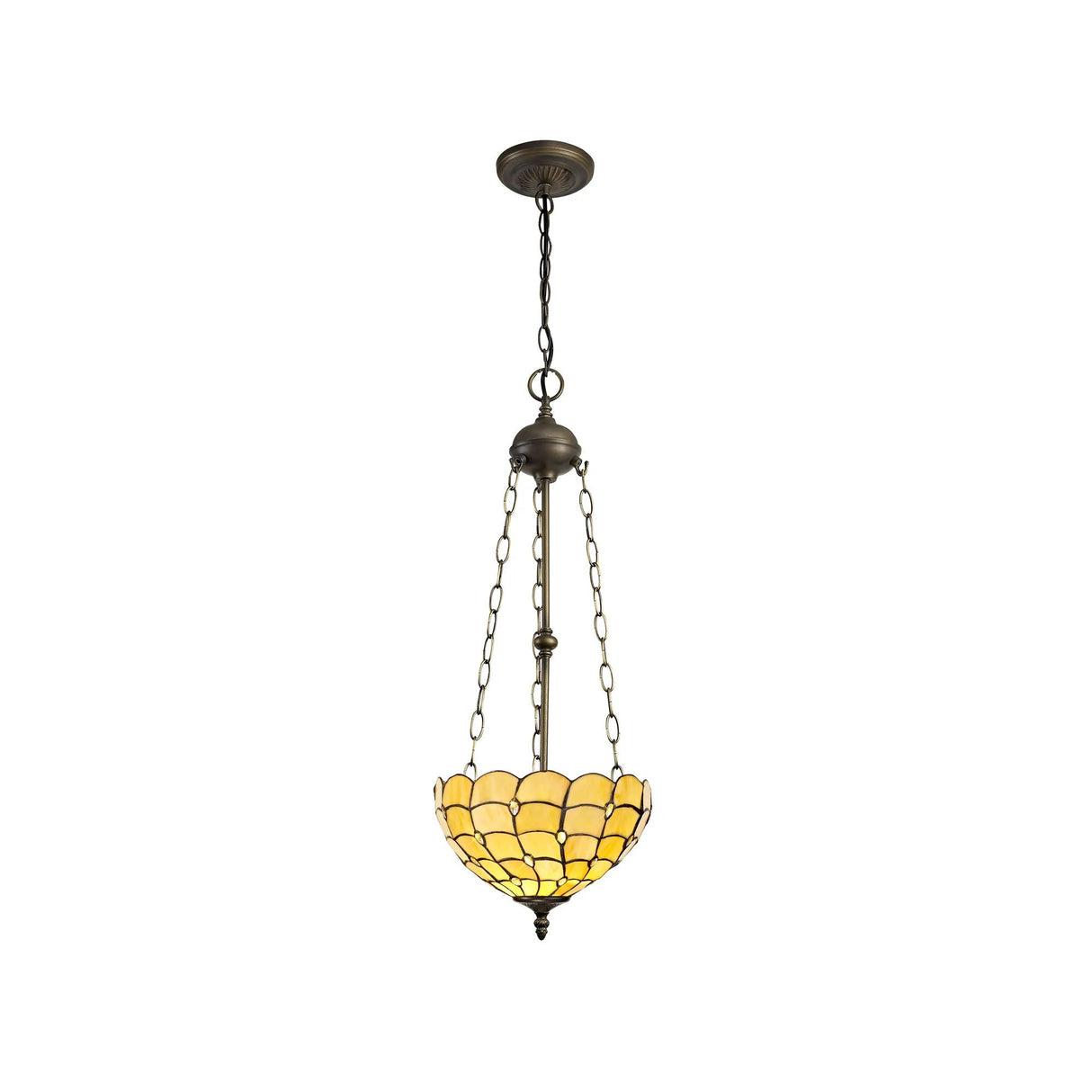 Finney 3 Light Uplighter Pendant E27 With 30cm Tiffany Shade, Beige/Clear Crystal/Aged Antique Brass