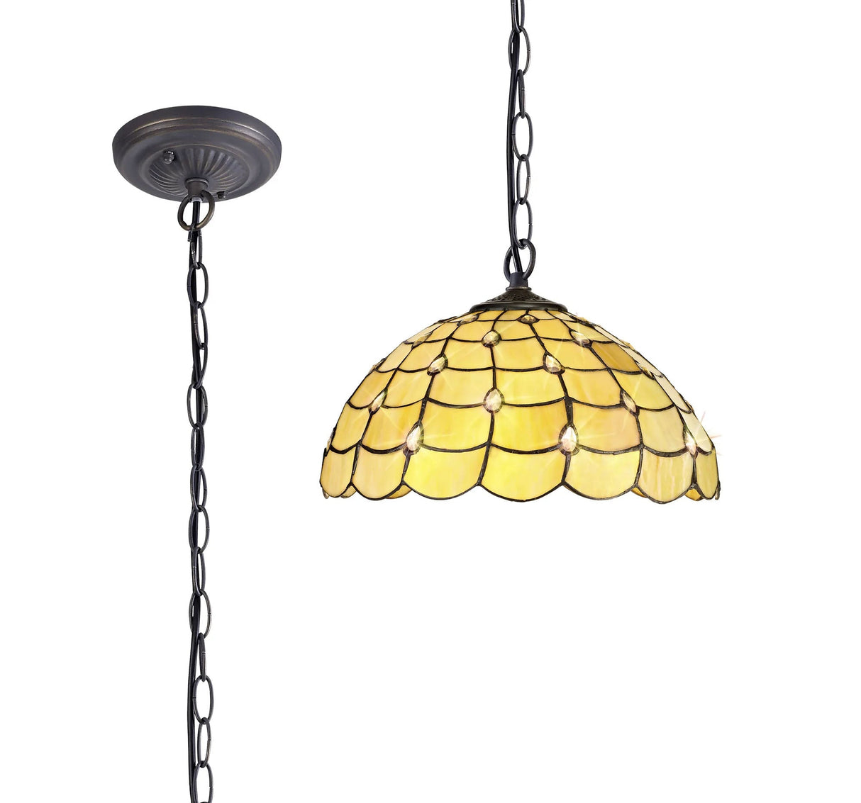 Finney 1 Light Downlighter Pendant E27 With 40cm Tiffany Shade, Beige/Clear Crystal/Aged Antique Brass