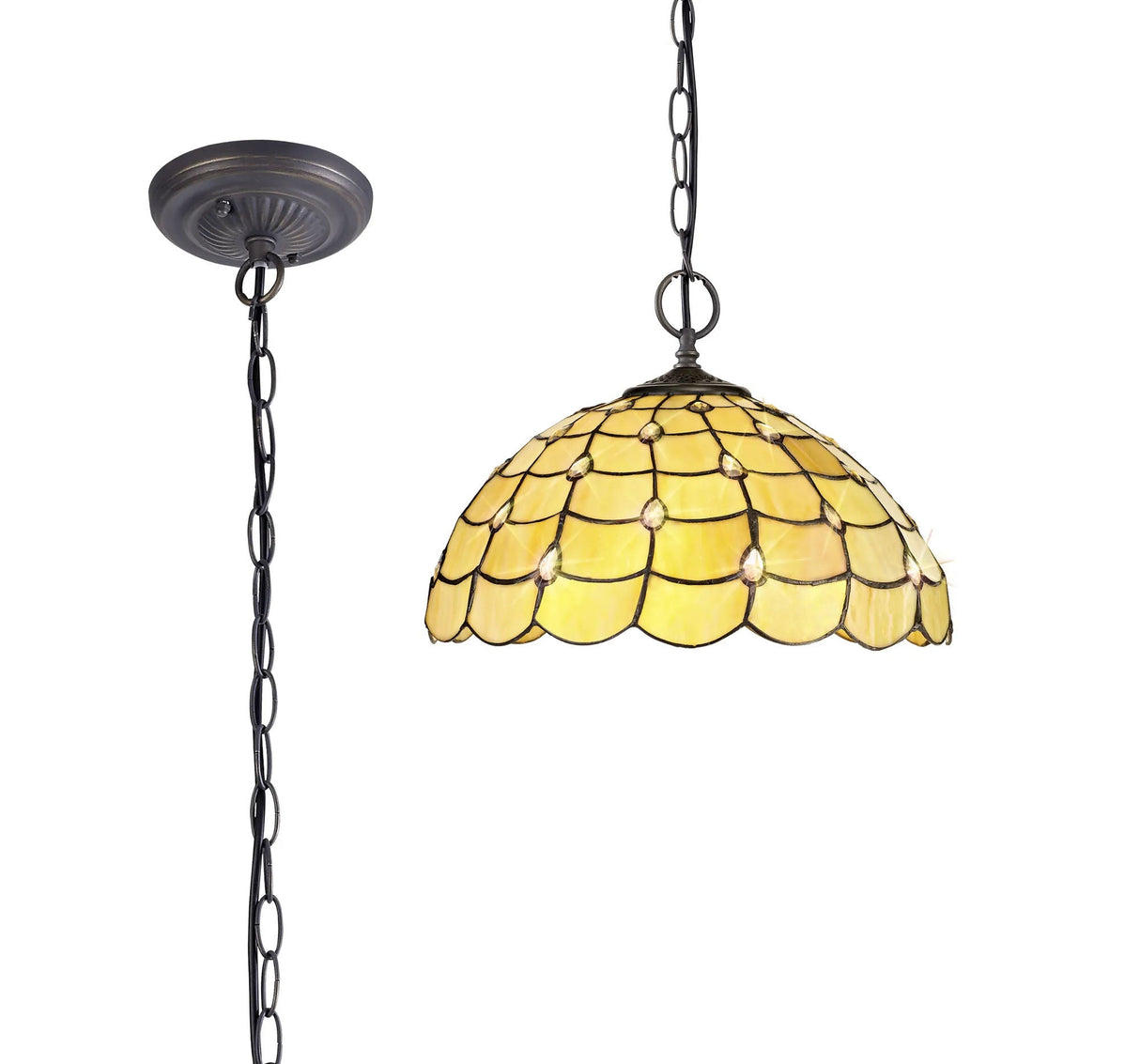 Finney 2 Light Downlighter Pendant E27 With 40cm Tiffany Shade, Beige/Clear Crystal/Aged Antique Brass