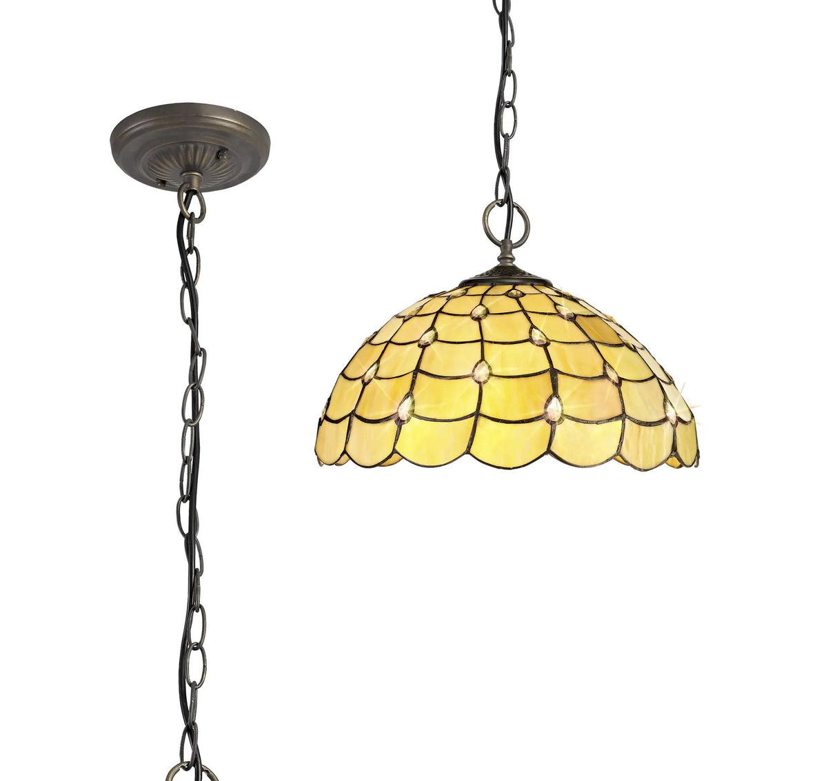 Finney 3 Light Downlighter Pendant E27 With 40cm Tiffany Shade, Beige/Clear Crystal/Aged Antique Brass