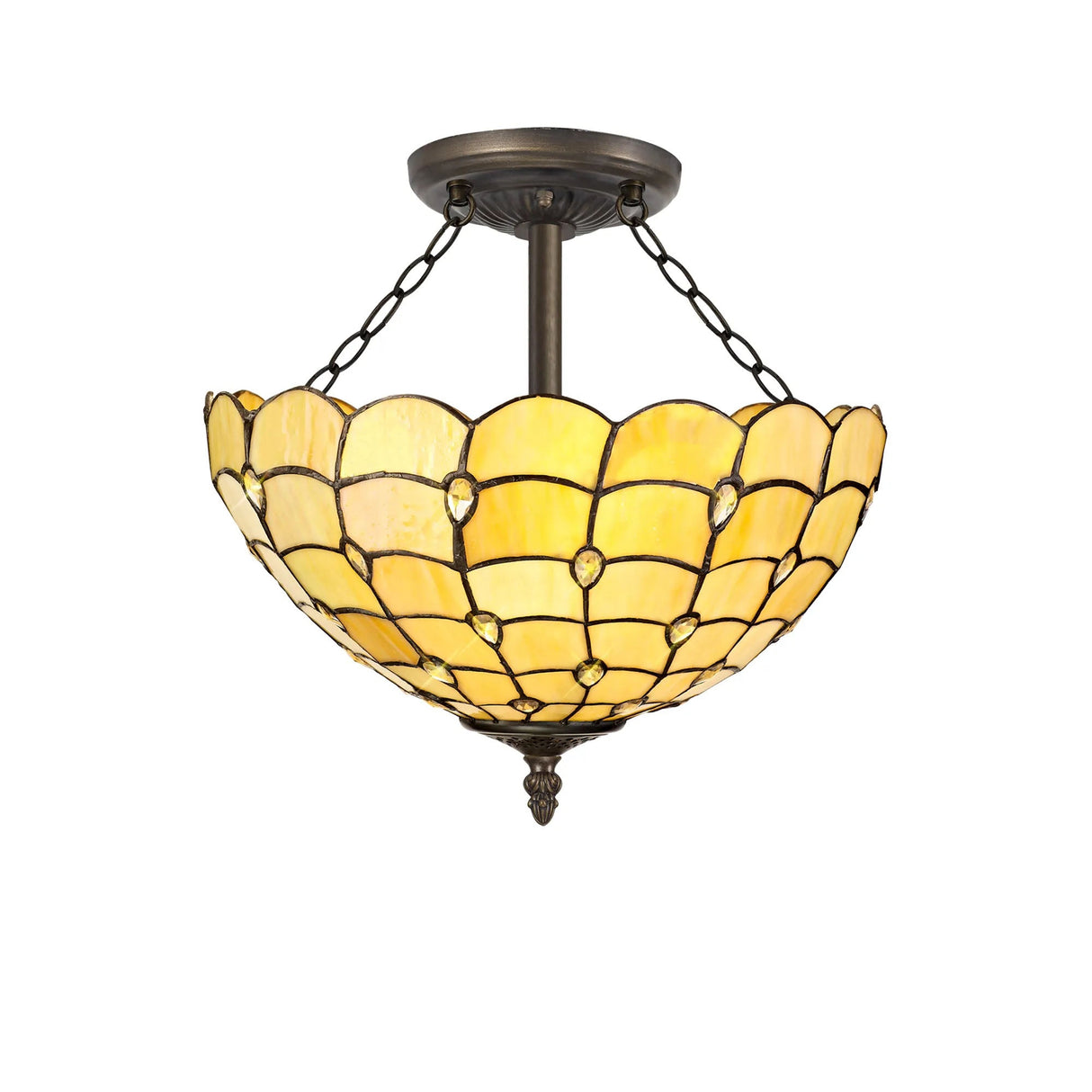 Finney 3 Light Semi Flush E27 With 40cm Tiffany Shade, Beige/Clear Crystal/Aged Antique Brass