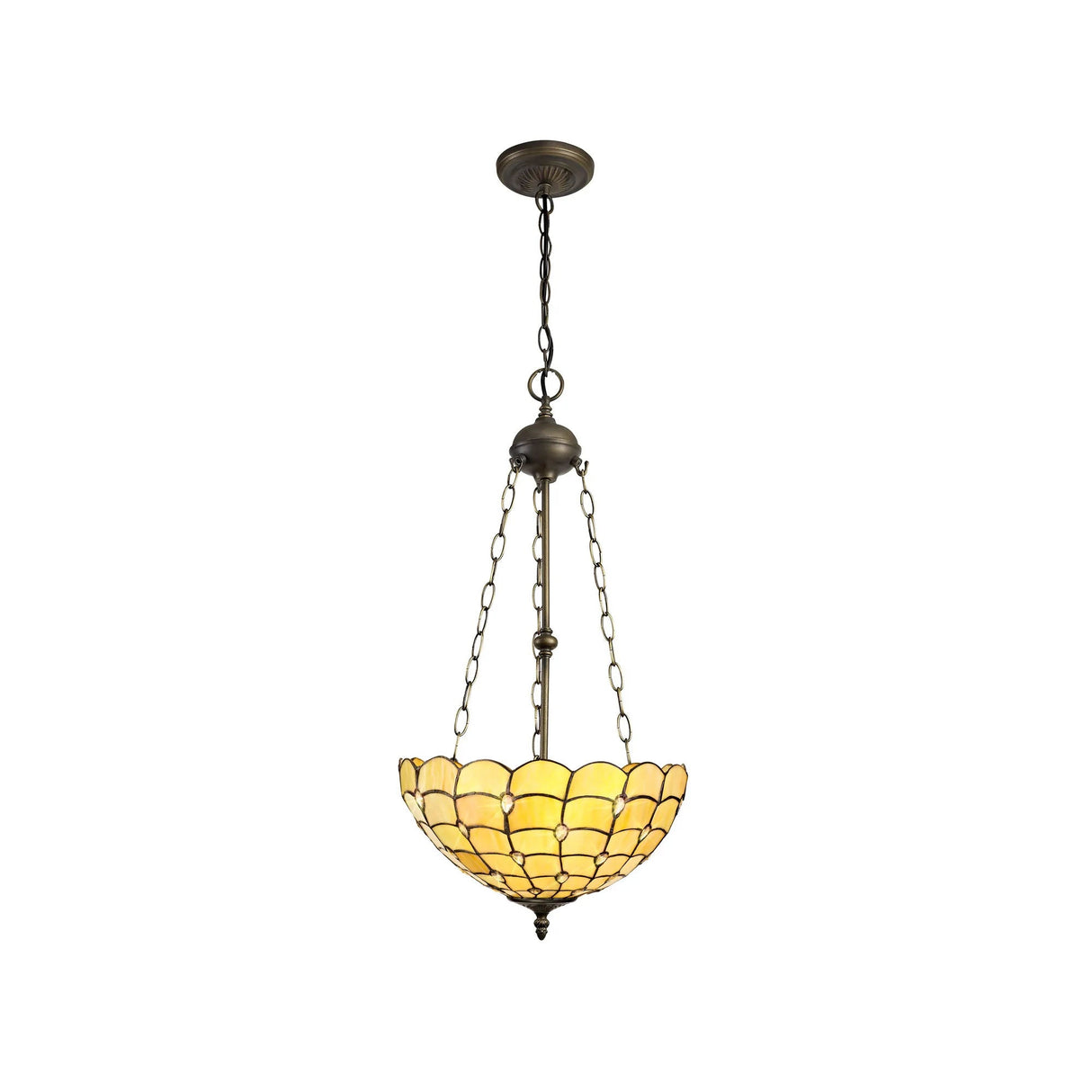 Finney 3 Light Uplighter Pendant E27 With 40cm Tiffany Shade, Beige/Clear Crystal/Aged Antique Brass
