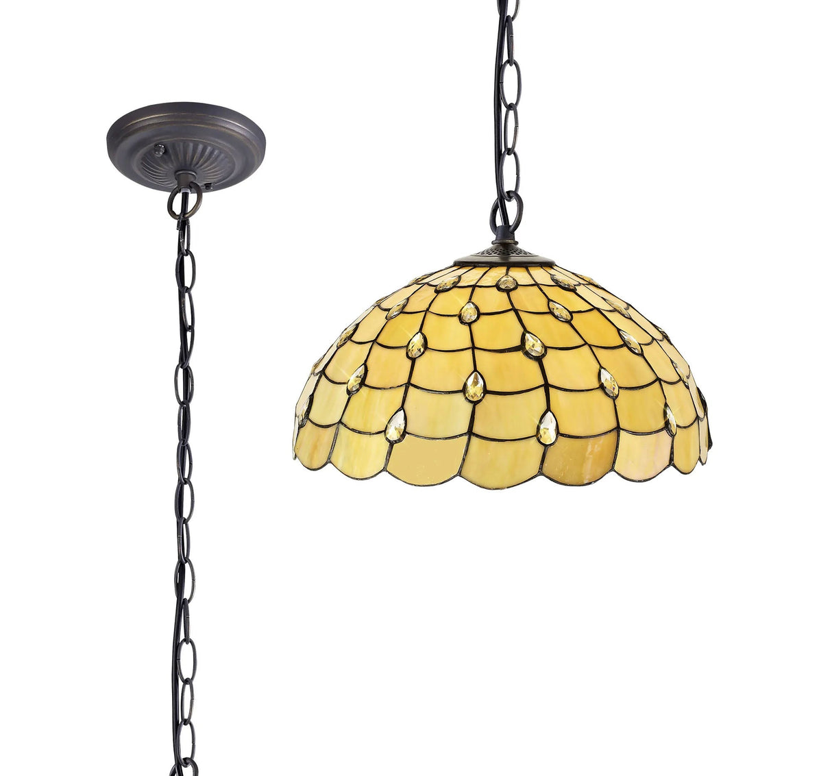 Finney 1 Light Downlighter Pendant E27 With 50cm Tiffany Shade, Beige/Clear Crystal/Aged Antique Brass