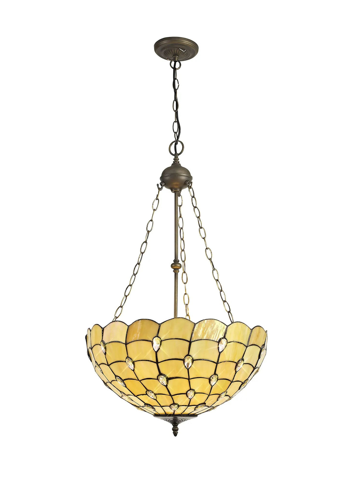 Finney 3 Light Uplighter Pendant E27 With 50cm Tiffany Shade, Beige/Clear Crystal/Aged Antique Brass