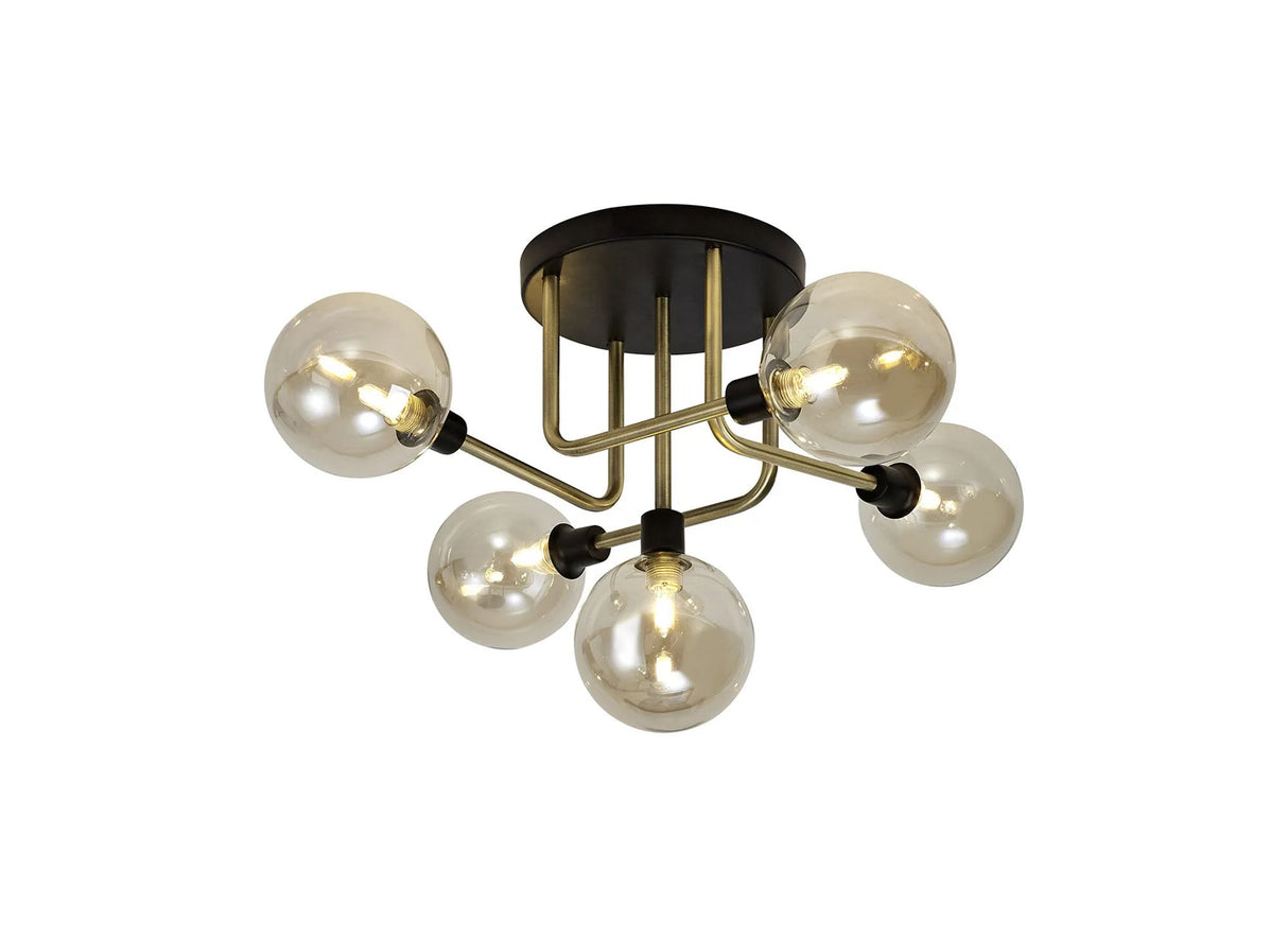Gayle Flush Ceiling, 5 x G9, Matt Black/Antique Brass/Cognac Glass