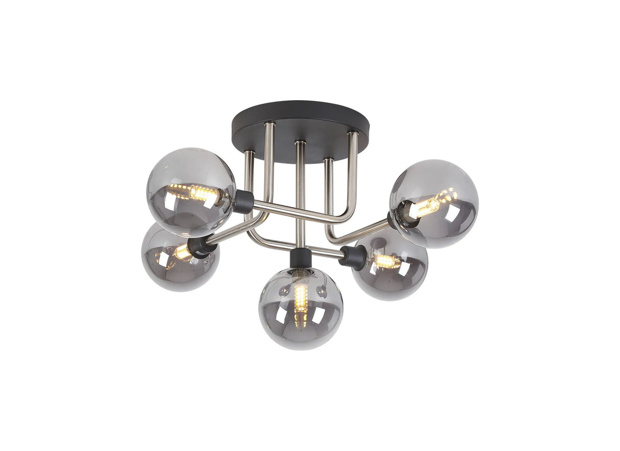 Gayle Flush Ceiling, 5 x G9, Graphite/Satin Nickel/Smoke Glass