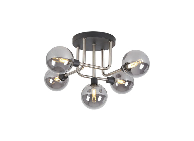 Gayle Flush Ceiling, 5 x G9, Graphite/Satin Nickel/Smoke Glass