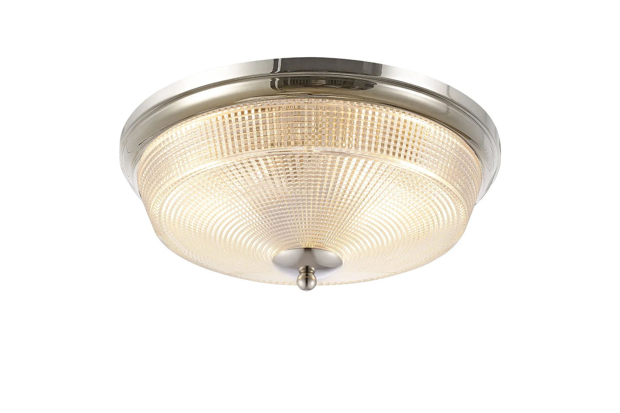 Gordon 2 x E27 Flush Ceiling Light, IP44, Polished Nickel/Prismatic Glass