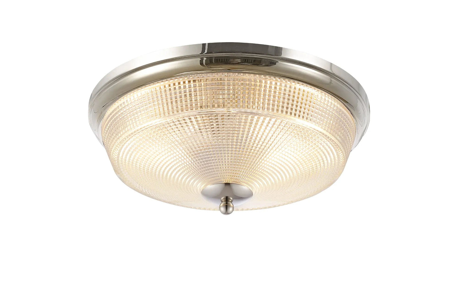 Gordon 2 x E27 Flush Ceiling Light, IP44, Polished Nickel/Prismatic Glass