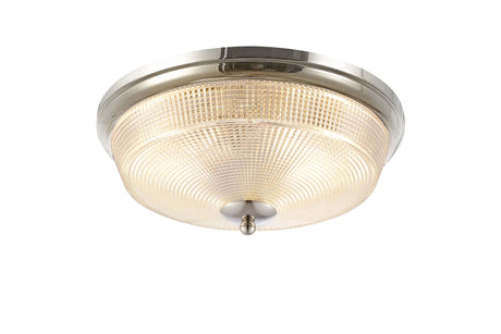 Gordon 2 x E27 Flush Ceiling Light, IP44, Polished Nickel/Prismatic Glass