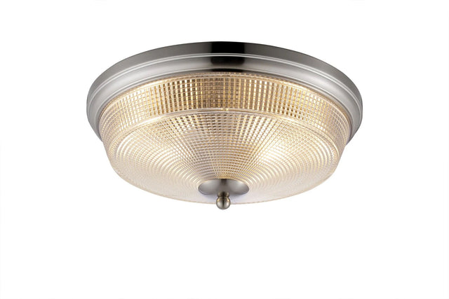 Gordon 2 x E27 Flush Ceiling Light, IP44, Satin Nickel/Prismatic Glass