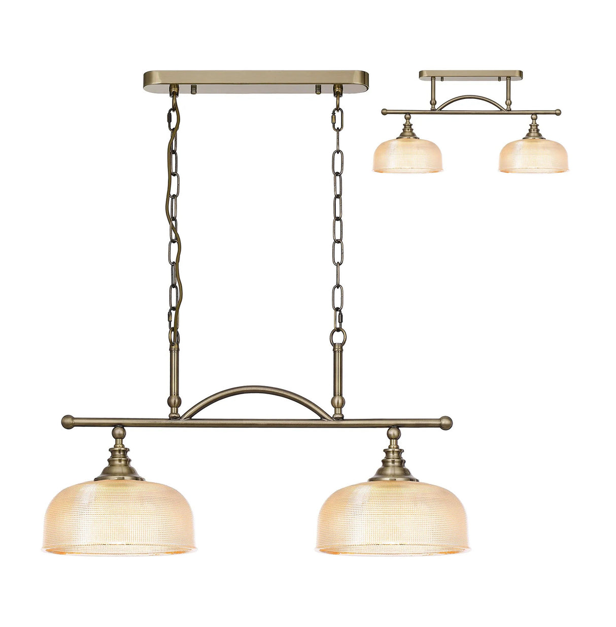 Gray Semi Flush/Pendant Bar, 2 Light Adjustable E27, Antique Brass/Amber Glass